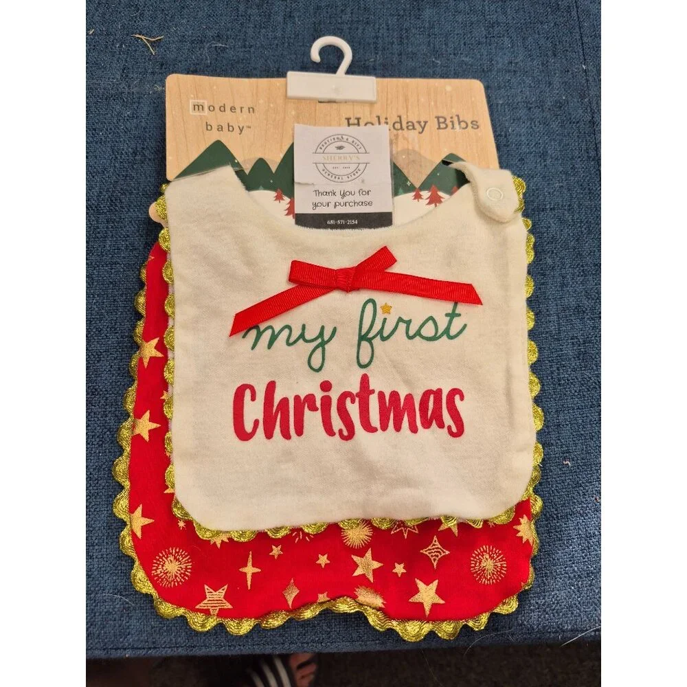 Modern Baby Holiday Bibs Set Of 2 My First Christmas Red & White Gold Star Desig